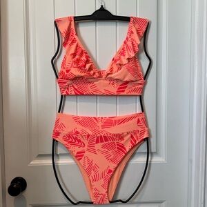aerie Peach Ruffled Bikini Top with Cheeky Coral Print Bottoms Size Large